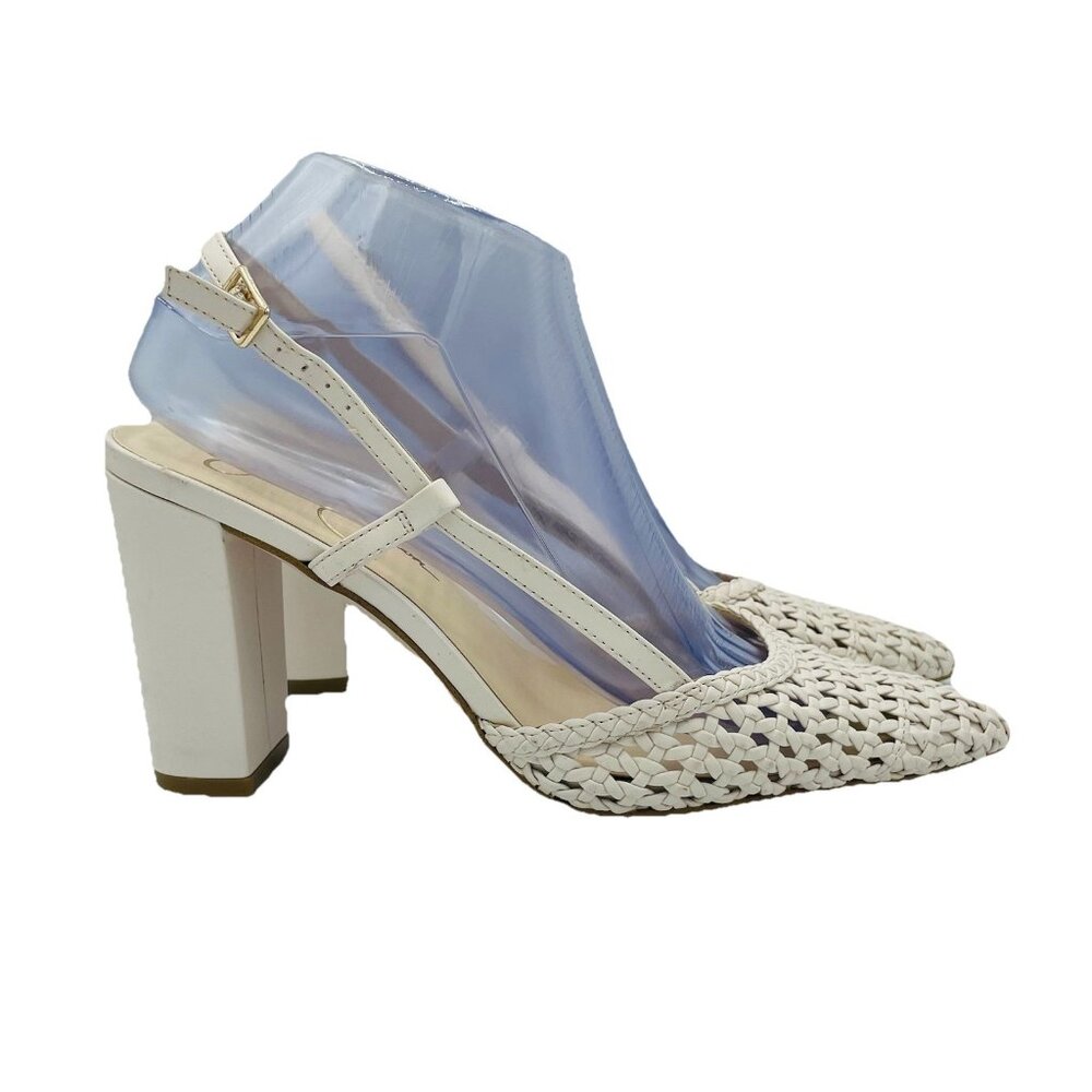 Jessica Simpson Cream Woven Pointed Toe Block Heel Slingbacks